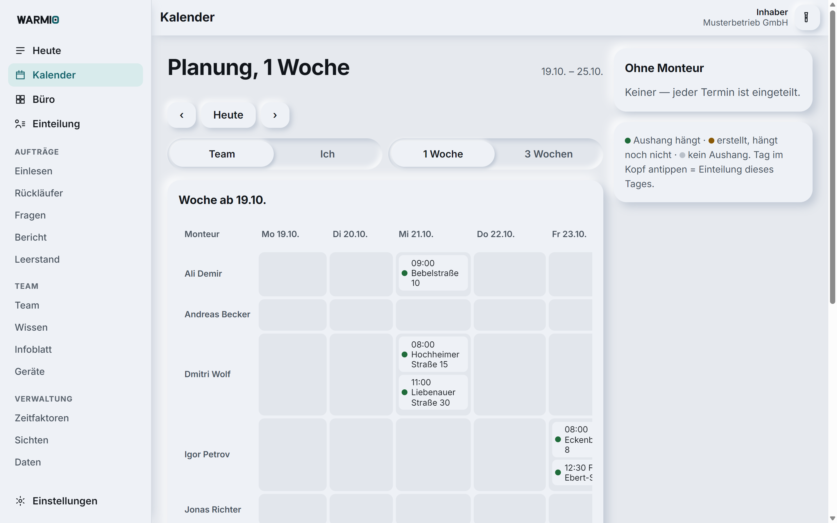Warmio, Kalender »Planung, 1 Woche« mit Einsätzen je Monteur und Tag