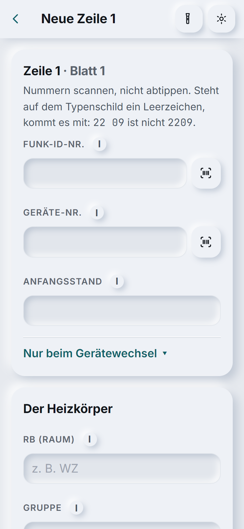 Warmio auf dem Smartphone: neue Gerätezeile mit Scan-Knöpfen für Funk-Nummer und Gerätenummer